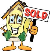 Cheerful cartoon house character holding a red "SOLD" sign, symbolizing successful real estate transaction.