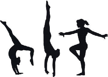 Silhouette of three gymnasts performing handstand, cartwheel, and balance pose against white background.