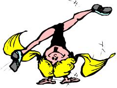 Cartoon woman performing a dynamic handstand with yellow pigtails and athletic shoes.