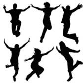 Six black silhouettes of people joyfully jumping in dynamic poses against a white background.