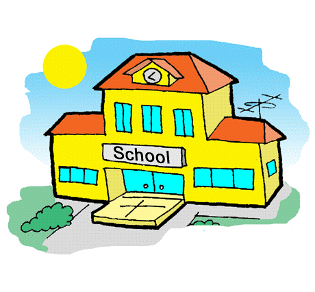 Bright yellow cartoon school building with red roof, blue windows, and a sunny sky.