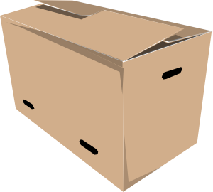Brown cardboard box with flaps open and handholds, isolated on white background.