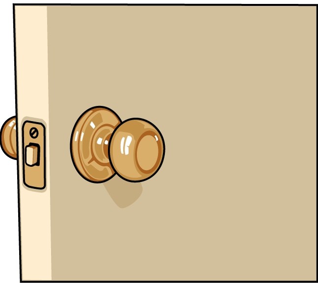 Wooden doorknob and latch on a beige interior door, cartoon-style illustration.