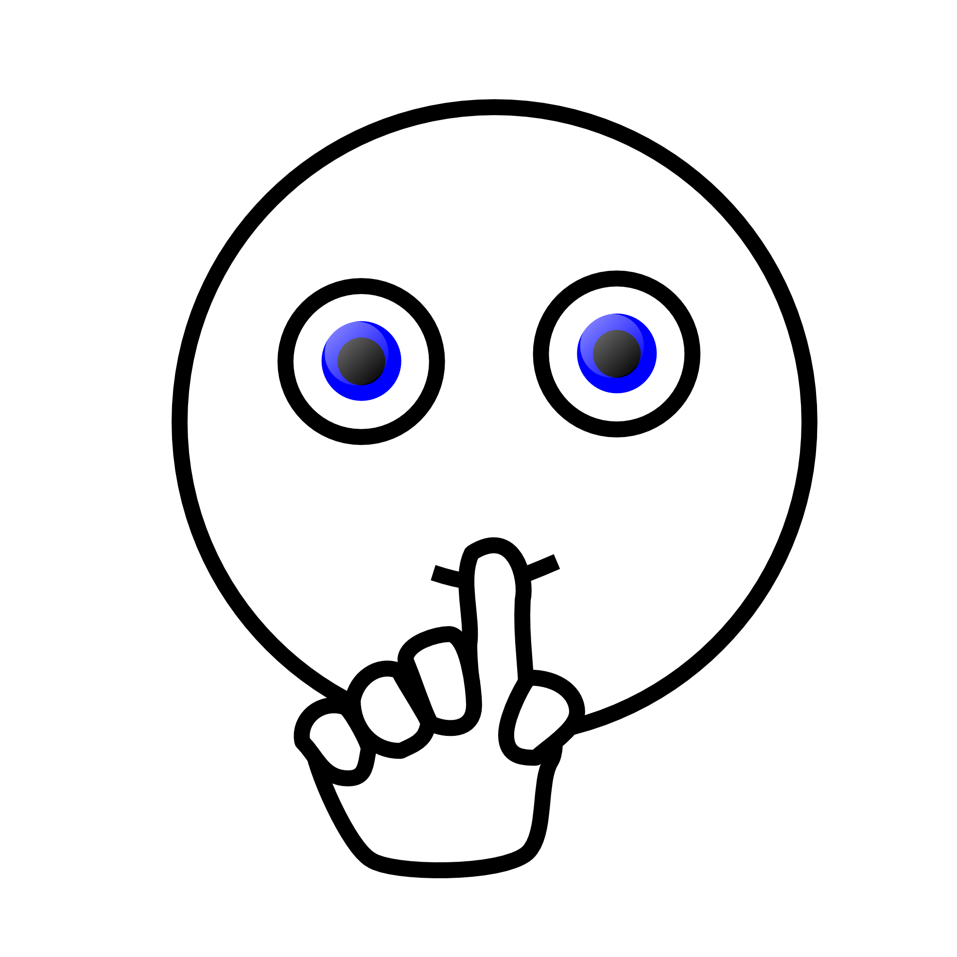 Simple cartoon face with wide blue eyes and finger over lips signaling silence or secrecy.