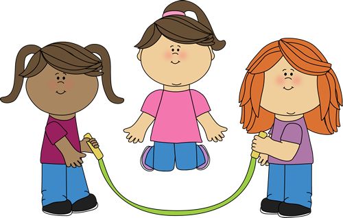 Three diverse cartoon girls joyfully jumping rope together in a playful outdoor scene.