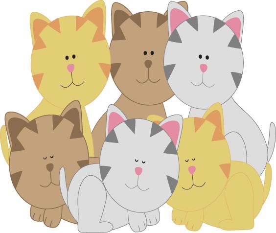 Six cute cartoon cats in yellow, brown, and gray with pink noses and friendly expressions, grouped together playfully.