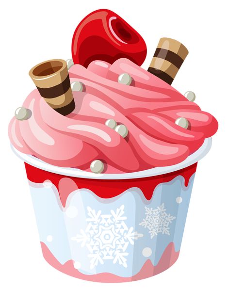 Pink cherry ice cream in a festive cup with snowflake design, topped with chocolate wafer rolls and silver pearls.