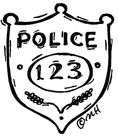 Hand-drawn police badge with "POLICE" and number "123", stylized shield shape and laurel details.
