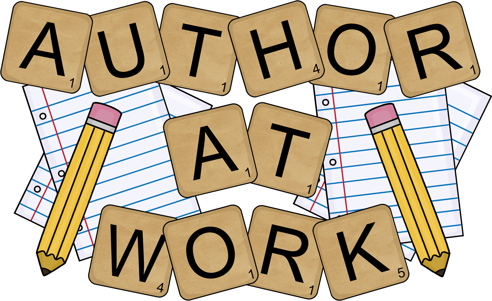 Scrabble-style tiles spelling "AUTHOR AT WORK" over lined paper with two yellow pencils.