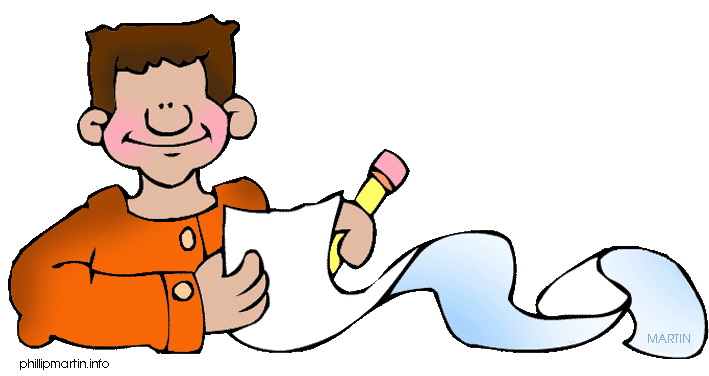 Smiling cartoon boy in orange shirt holding a pencil and unrolling a long paper scroll.