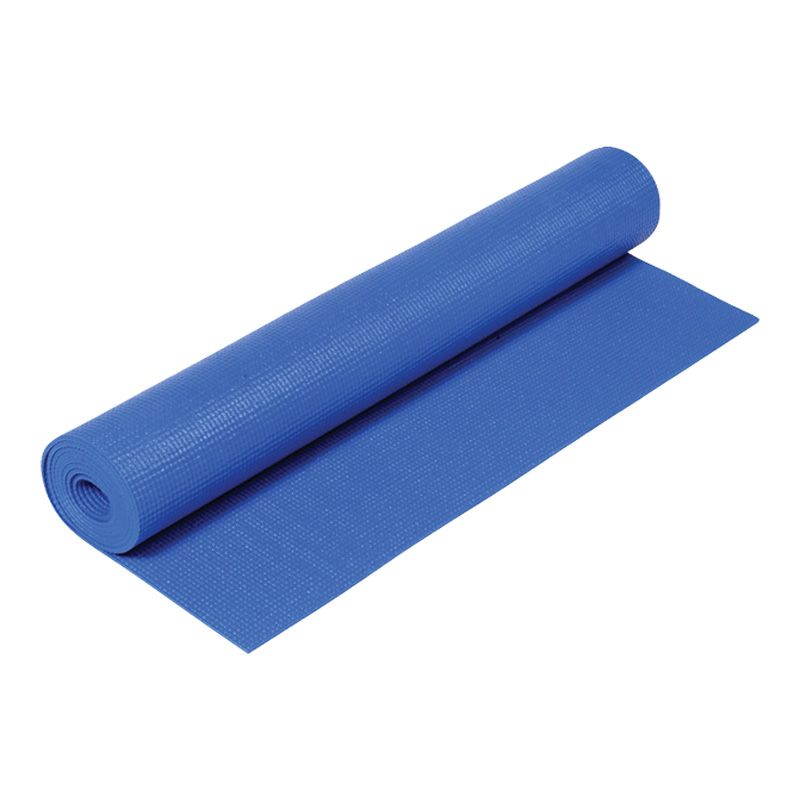 Blue textured yoga mat partially unrolled on white background