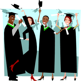 Four diverse graduates in caps and gowns celebrating with diplomas and tossed caps.