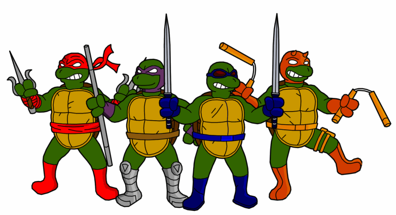 Four Teenage Mutant Ninja Turtles-Raphael, Donatello, Leonardo, and Michelangelo-pose heroically with their signature weapons.