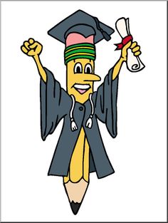 Cartoon pencil character in graduation cap and gown holding diploma, celebrating academic success.