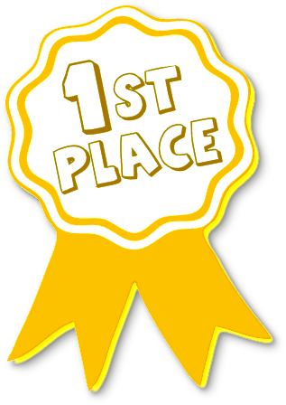 Golden "1st Place" award ribbon with bold text and scalloped edges, symbolizing top achievement.
