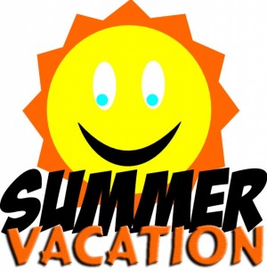 Bright yellow smiley sun with orange rays and bold "SUMMER VACATION" text below.