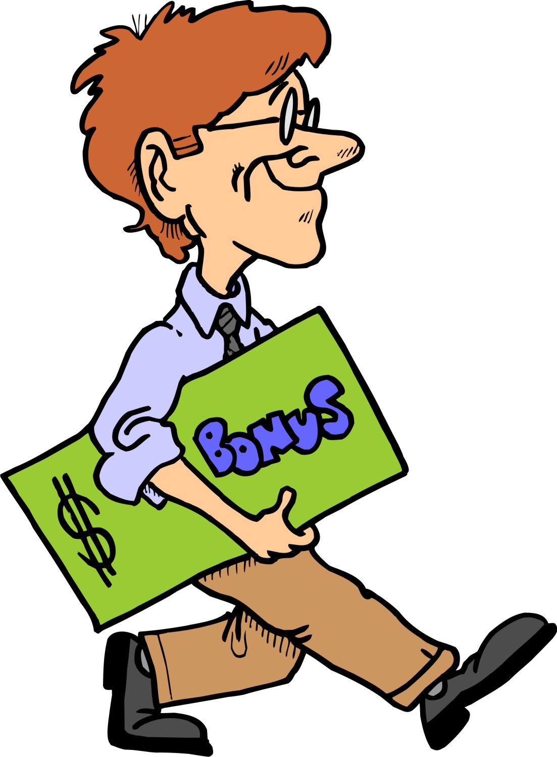 Cartoon man in business attire happily carrying a large green envelope labeled "Bonus" with a dollar sign.