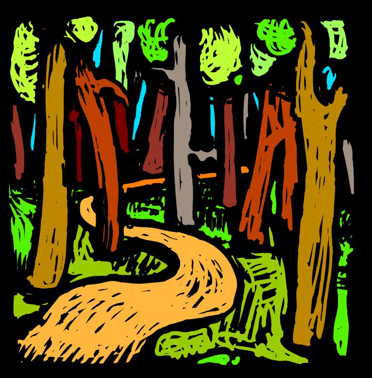 Vibrant stylized forest path winding through colorful trees with bold outlines and expressive foliage.