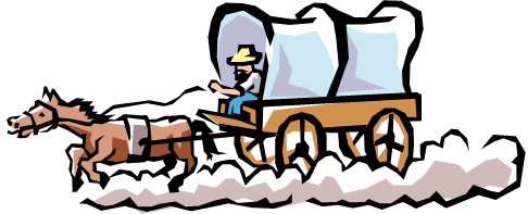 A cartoon-style covered wagon pulled by a horse, with a driver wearing a hat and blue shirt, kicking up dust as it moves.