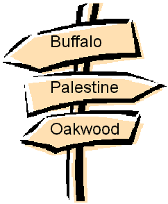 Directional Signpost Illustration: Buffalo, Palestine, Oakwood