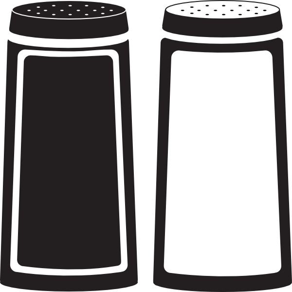 Black salt and white pepper shakers in classic cylindrical design with perforated lids, shown side by side in high-contrast illustration.