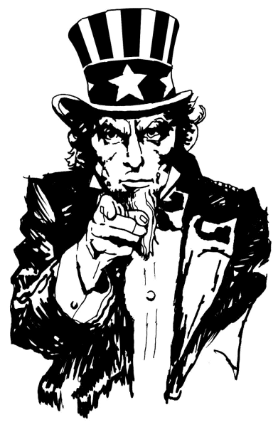 Uncle Sam pointing directly at viewer in iconic patriotic illustration, wearing stars-and-stripes top hat and formal coat.