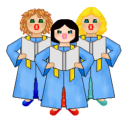 Three cartoon choir singers in blue robes holding sheet music, smiling with open mouths as if singing.