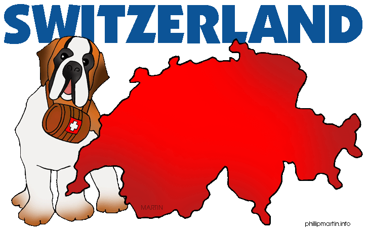 Saint Bernard dog with barrel beside a red map of Switzerland, text "SWITZERLAND" above.