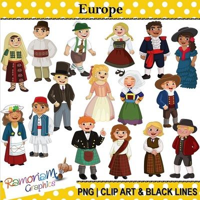 Collection of colorful European traditional costumes for children and adults, including folk attire from various countries.