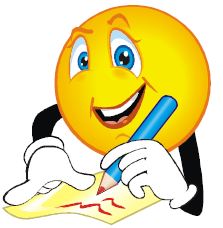 Cheerful yellow smiley face in a suit writing on paper with a blue pen, expressing joy and creativity.