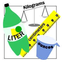 Illustration showing a liter bottle, kilogram scale, centimeter ruler, and ounce cup for unit conversion education.