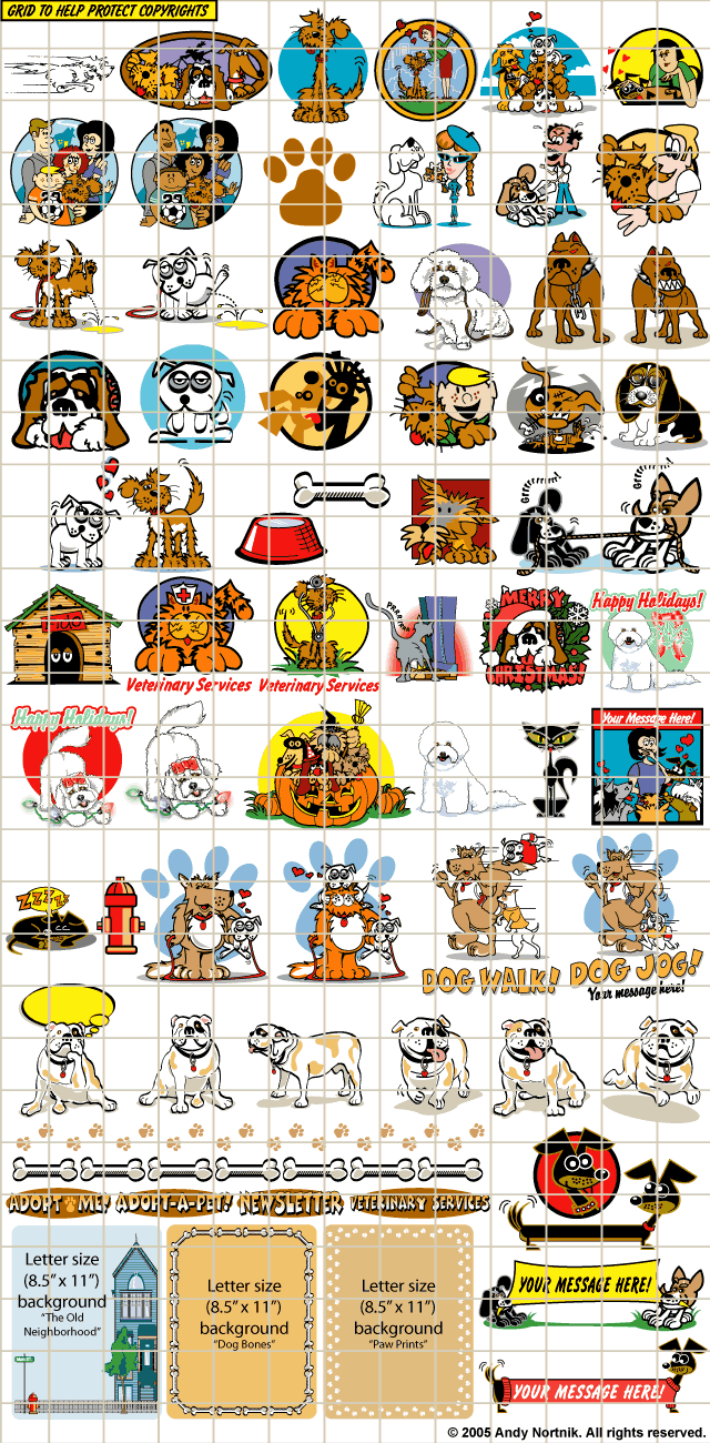 Grid of cartoon dog illustrations including holidays, vet services, adoption, and customizable templates for newsletters and signs.