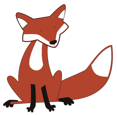 A stylized cartoon red fox sitting with a confident, sly expression and bushy tail.
