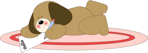 Cute cartoon puppy lying on a rug, writing "Hello" with a pencil on paper.