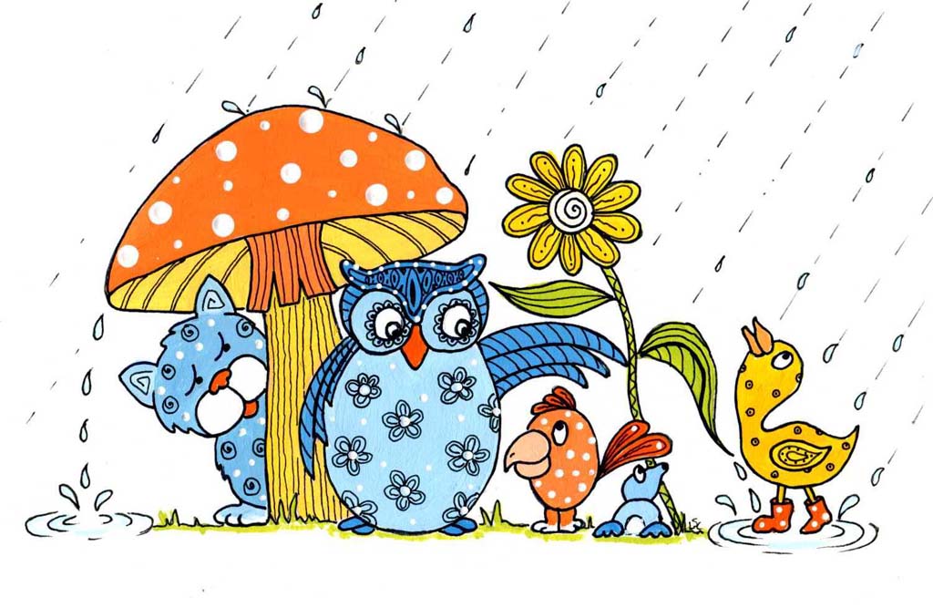 A colorful cartoon scene with a blue cat, owl, chick, frog, and duck sheltering under a spotted mushroom in the rain, beside a yellow flower.