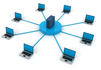 Central server connected to multiple laptops in a network diagram