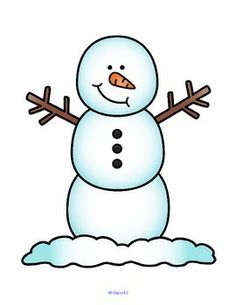 Cheerful cartoon snowman with carrot nose, stick arms, and smiling face standing on snow.