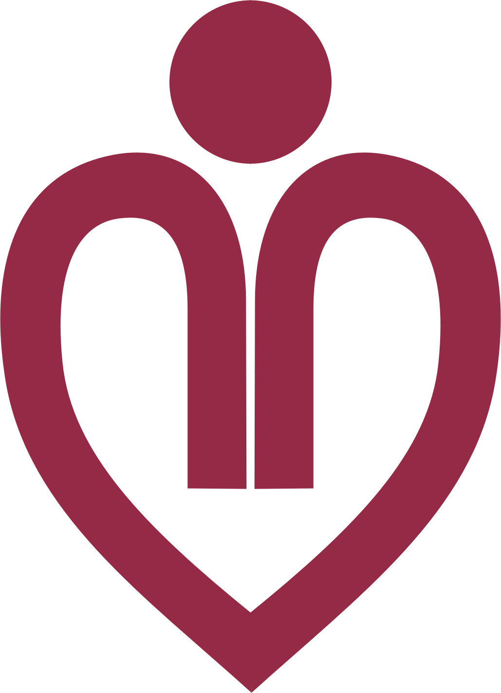 Maroon heart-shaped logo with stylized human figure inside, symbolizing care and compassion.