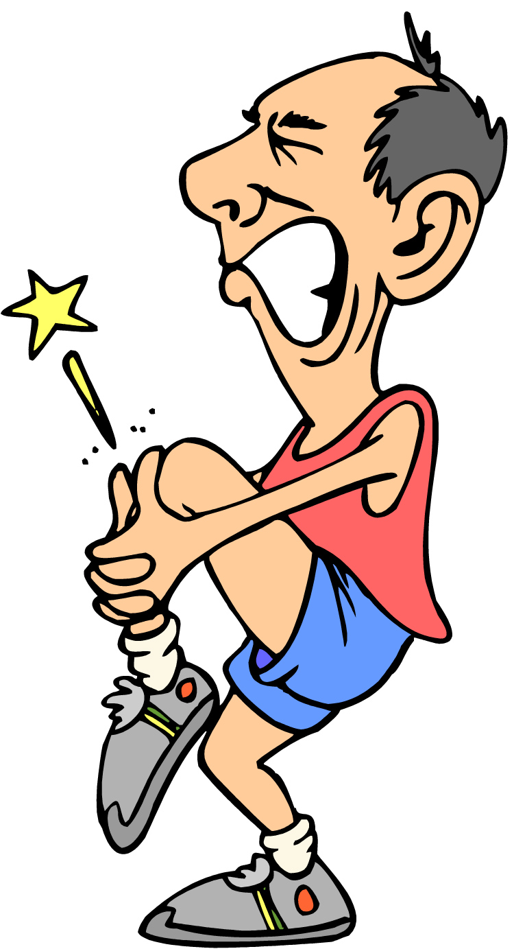 Cartoon man in running gear clutching his ankle in pain with a starburst indicating injury.