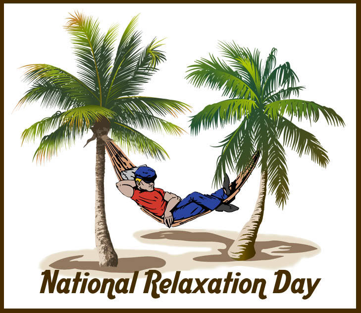 Man relaxing in a hammock between two palm trees on a sandy beach, celebrating National Relaxation Day.