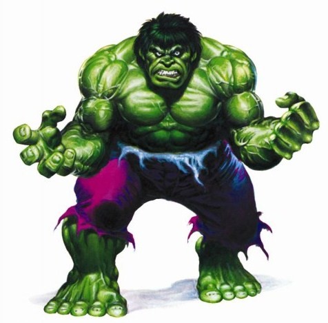The Incredible Hulk in a powerful stance, green muscular body, torn purple pants, fists clenched and ready for action.