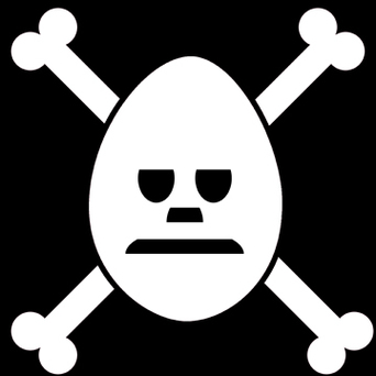 A white egg-shaped skull with a frowning face and crossed bones on a black background, symbolizing danger or toxicity.