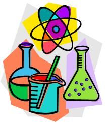 Colorful illustration of lab glassware-beaker, flasks-and a stylized atom symbol on geometric background.