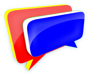 Three overlapping colorful speech bubbles in blue, red, and yellow with glossy finish and shadow effect.