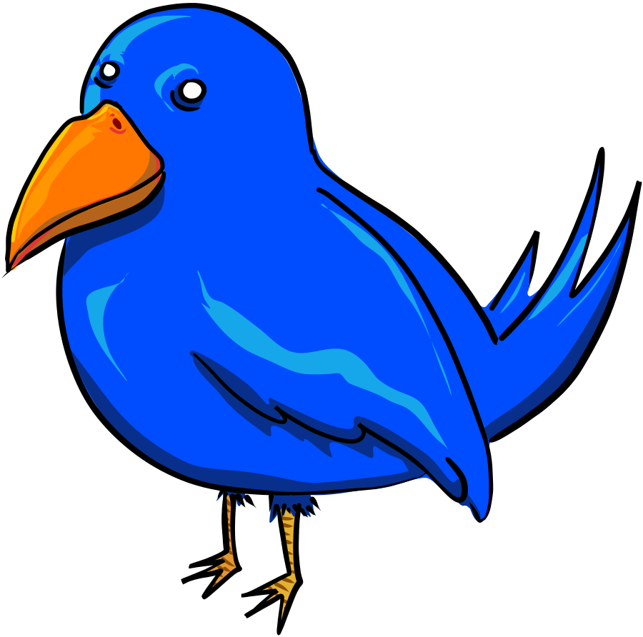 Vibrant blue cartoon bird with orange beak and yellow legs, standing against black background.