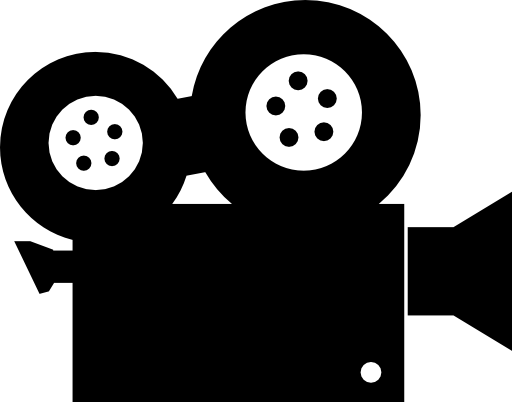 Black-and-white vintage film camera icon with two reels and lens, symbolizing classic cinema or video production.