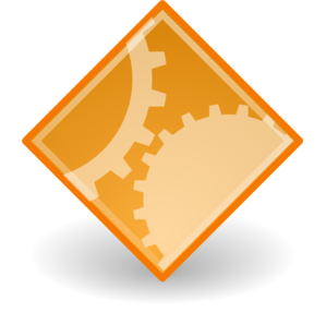 Orange diamond-shaped icon with interlocking gears symbolizing system settings or configuration.