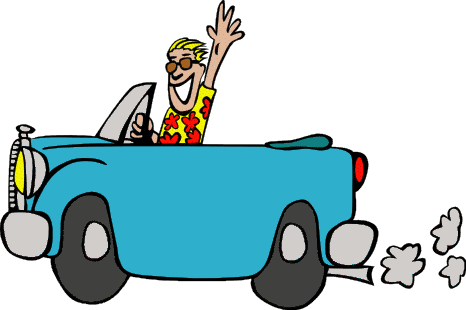 Happy man in yellow floral shirt waving from a blue convertible car with exhaust puffs.