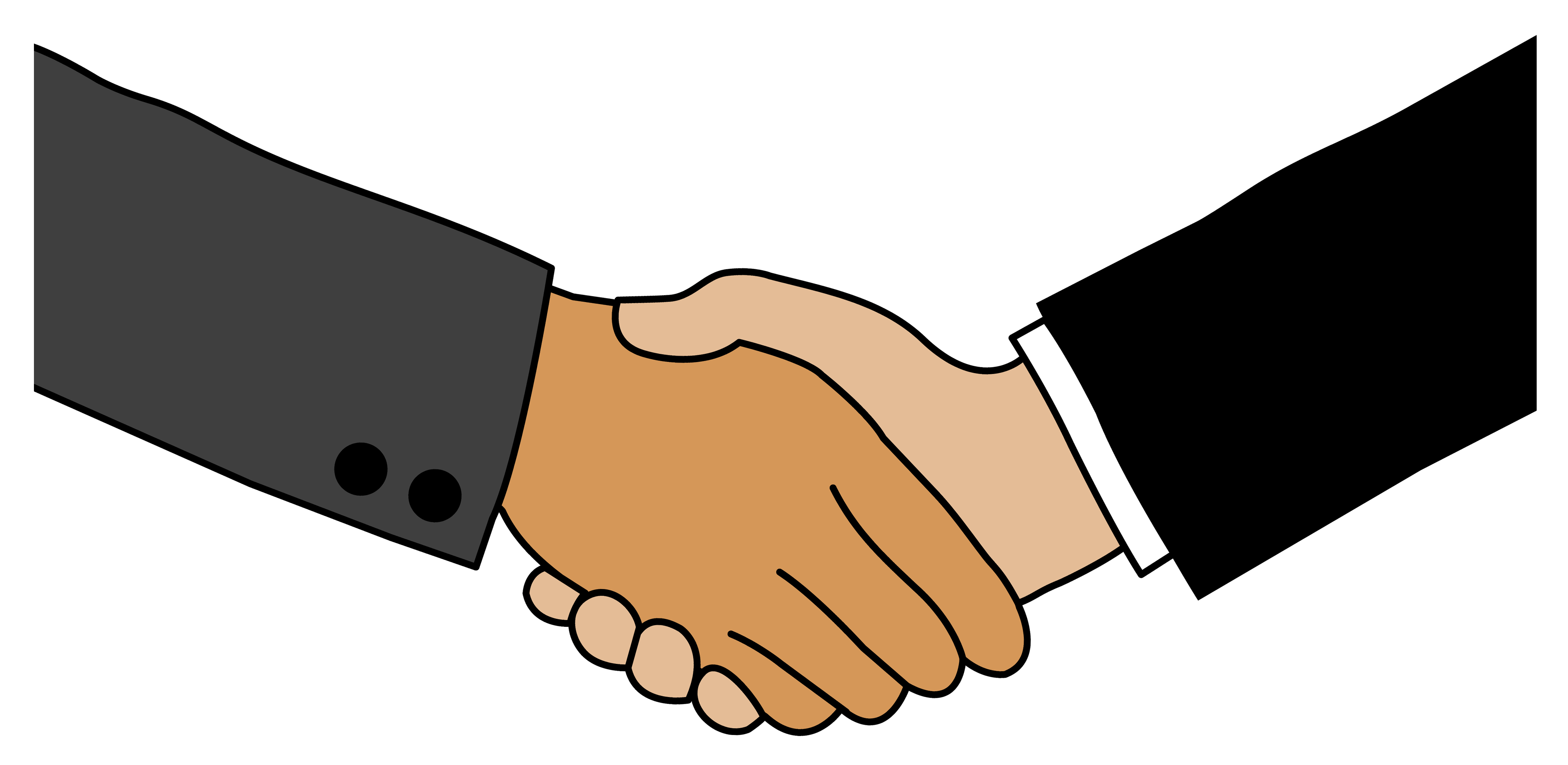 Two hands shaking in a formal business gesture, one wearing a dark suit sleeve and the other a white shirt cuff.