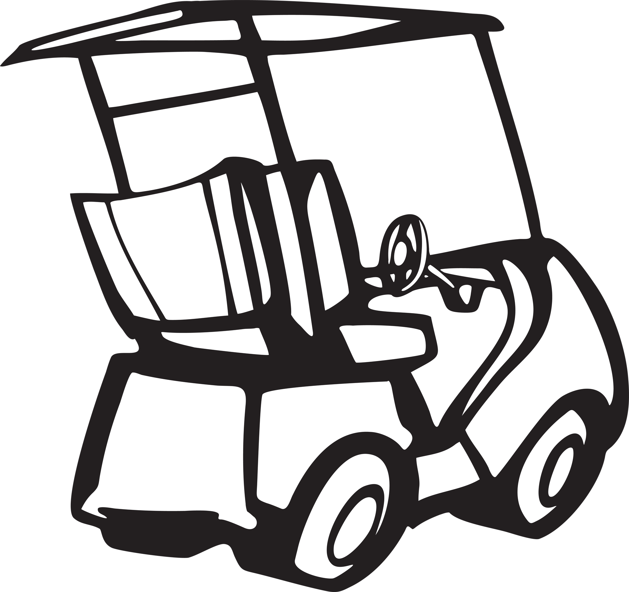 Black-and-white line drawing of a two-seater golf cart with canopy, steering wheel, and open sides.
